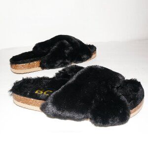 BC BORN in CALIFORNIA BLACK FAUX FUR PLUSH “TRIUMPH” SLIPPERS SZ 8.5 NEVER WORN